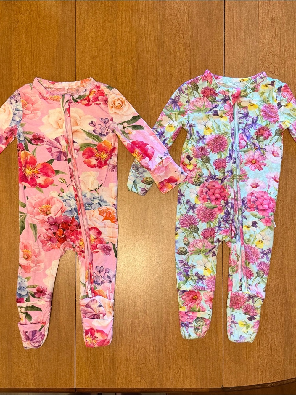 Posh Peanut Floral Zipper One-Piece Footed Onesies - Pink & Light Blue
